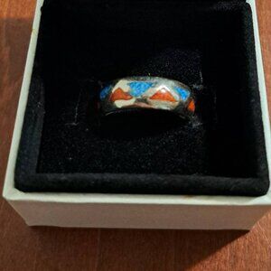 Handmade Sterling Silver Native American Ring Size 6.5 Coral And Turquoise